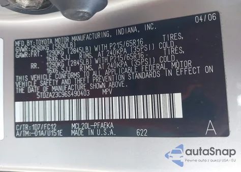 2006 Toyota Sienna Le z USA, uszkodzony, nr VIN 5TDZA23C96S490403